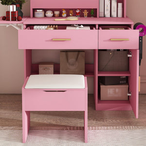 English Elm Vanity Desk with Led Mirror Power Station 3 Drawers Shelves and Makeup Stool W2700P342539
