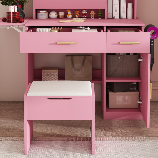 English Elm Vanity Desk with Led Mirror Power Station 3 Drawers Shelves and Makeup Stool W2700P342539