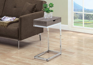 English Elm Accent C-Table Taupe with Chrome Base, Snack & Storage Drawer, Modern Living Room Accent Piece B2710P219237