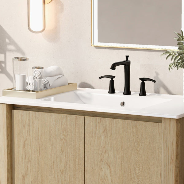English Elm Christopher Knight Home® - 36" Modern Wall-Mounted Bathroom Vanity with Ceramic Sink, Soft-Close Doors, Fluted Accent & Open Shelves Antique Natural N817P245321N