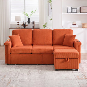 English Elm UNITED Corduroy L-Shaped Sectional Sofa with Storage Ottoman, USB Ports, Cup Holders & LED Lighting Orange W1568P332402