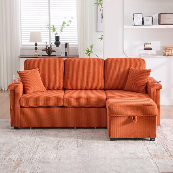 English Elm UNITED Corduroy L-Shaped Sectional Sofa with Storage Ottoman, USB Ports, Cup Holders & LED Lighting Orange W1568P332402