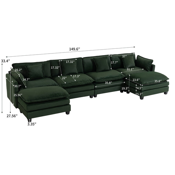 English Elm Modern Chenille Sectional Sofa Modular Sleeper with Ottoman Chaise and Waist Pillows Antique Green W2530S00022