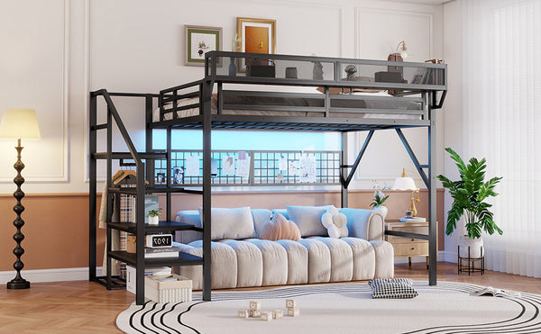 English Elm Queen Metal Loft Bed with Stair Storage Wardrobe Rgb Lighting for Teens Adults W2580S00052