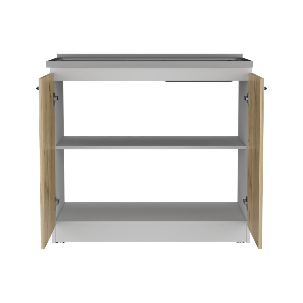 English Elm Freestanding Sink Cabinet With Double Doors & Two Shelves In White And Light Oak For Modern Kitchens B097S00137