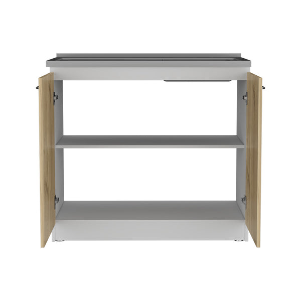English Elm Freestanding Sink Cabinet With Double Doors & Two Shelves In White And Light Oak For Modern Kitchens B097S00137