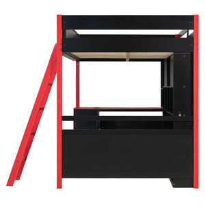 English Elm Full Size Gaming Loft Bed with Led Lighting Desk Drawers and Display Shelving Red LT000263AAJ