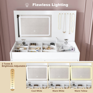 English Elm Flip Top Makeup Vanity Desk with Led Mirror Built-in Outlet and Jewelry Hooks W2699P404630