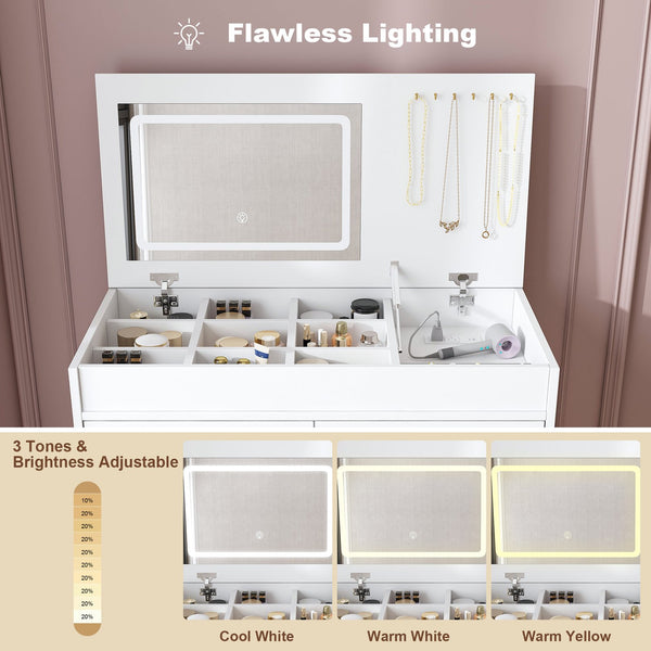 English Elm Flip Top Makeup Vanity Desk with Led Mirror Built-in Outlet and Jewelry Hooks W2699P404630