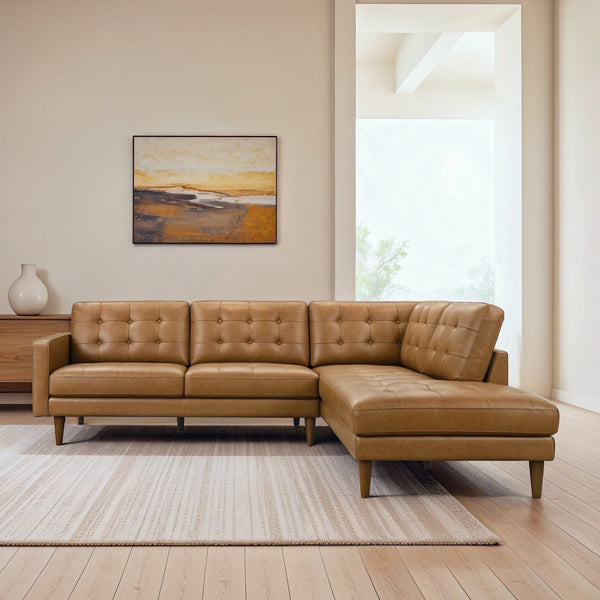 English Elm Lucco Top-grain Leather Tufted Sectional Mid-century Modern Living Room Sofa B183S00216