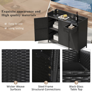 English Elm K&k Outdoor Wicker Bar Cabinet with Tempered Glass Top Adjustable Shelving and Drawer Black Brown N707P233745B
