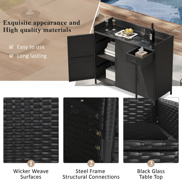 English Elm K&k Outdoor Wicker Bar Cabinet with Tempered Glass Top Adjustable Shelving and Drawer Black Brown N707P233745B
