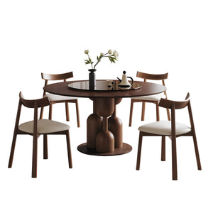English Elm 59-inch Solid Oak Round Dining Set Wabi-sabi Style with Glass Lazy Susan 4 Chairs W2700S00136