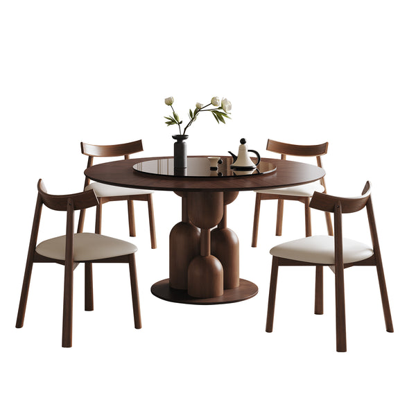 English Elm 59-inch Solid Oak Round Dining Set Wabi-sabi Style with Glass Lazy Susan 4 Chairs W2700S00136