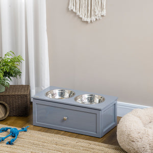 English Elm PawHut Elevated Dog Bowls with Hidden Storage Drawer, 2 Stainless Steel Bowls, Gray, Medium W2225P200774