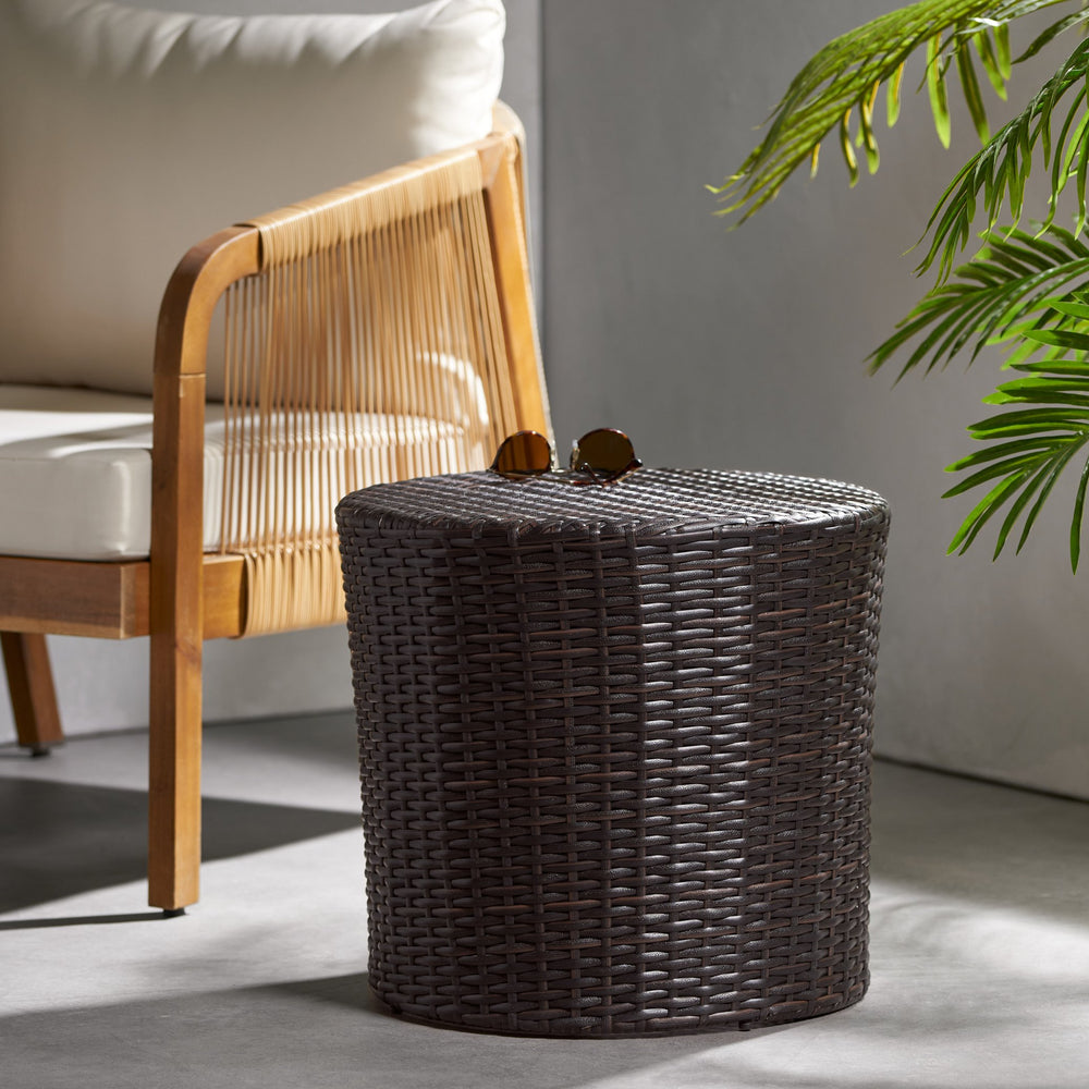English Elm Outdoor Wicker Hourglass Side Table Sculptural Rattan Weave Patio Accent N773P362080B