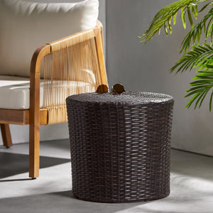 English Elm Outdoor Wicker Hourglass Side Table Sculptural Rattan Weave Patio Accent N773P362080B
