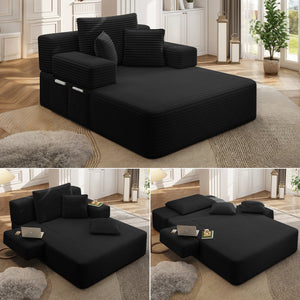 English Elm Luxurious Corduroy Convertible Chaise Lounge Sofa Bed with Foam Support for Apartments Black W3219P449015