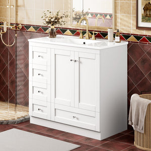 English Elm 36 Inch Shaker Bathroom Vanity with Ceramic Sink Four Soft Close Drawers White Mdf N729P414619K