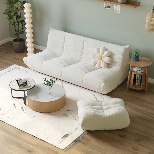 English Elm Beige Plush Three-Seater Caterpillar Sofa reimagined: Cream Velvet Teddy Foam Curved Comfort & Support B341P388028