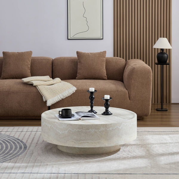 English Elm Round Fiberglass Coffee Table Sculptural Minimalist Design for Modern Living Rooms W2085P374193