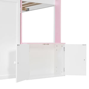English Elm Twin House Loft Bed with Pull Out Rolling Desk Stair Drawers and Cabinet Storage N820S00074H