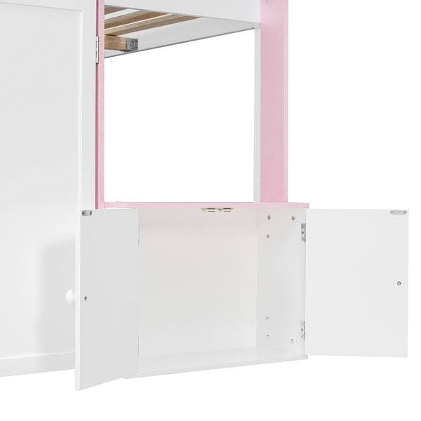 English Elm Twin House Loft Bed with Pull Out Rolling Desk Stair Drawers and Cabinet Storage N820S00074H