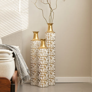 English Elm Floor Antique White Gold Metal Vases Set of 3 (32/28/24") — Tall Decorative Centerpieces for Entryway W2796P193594