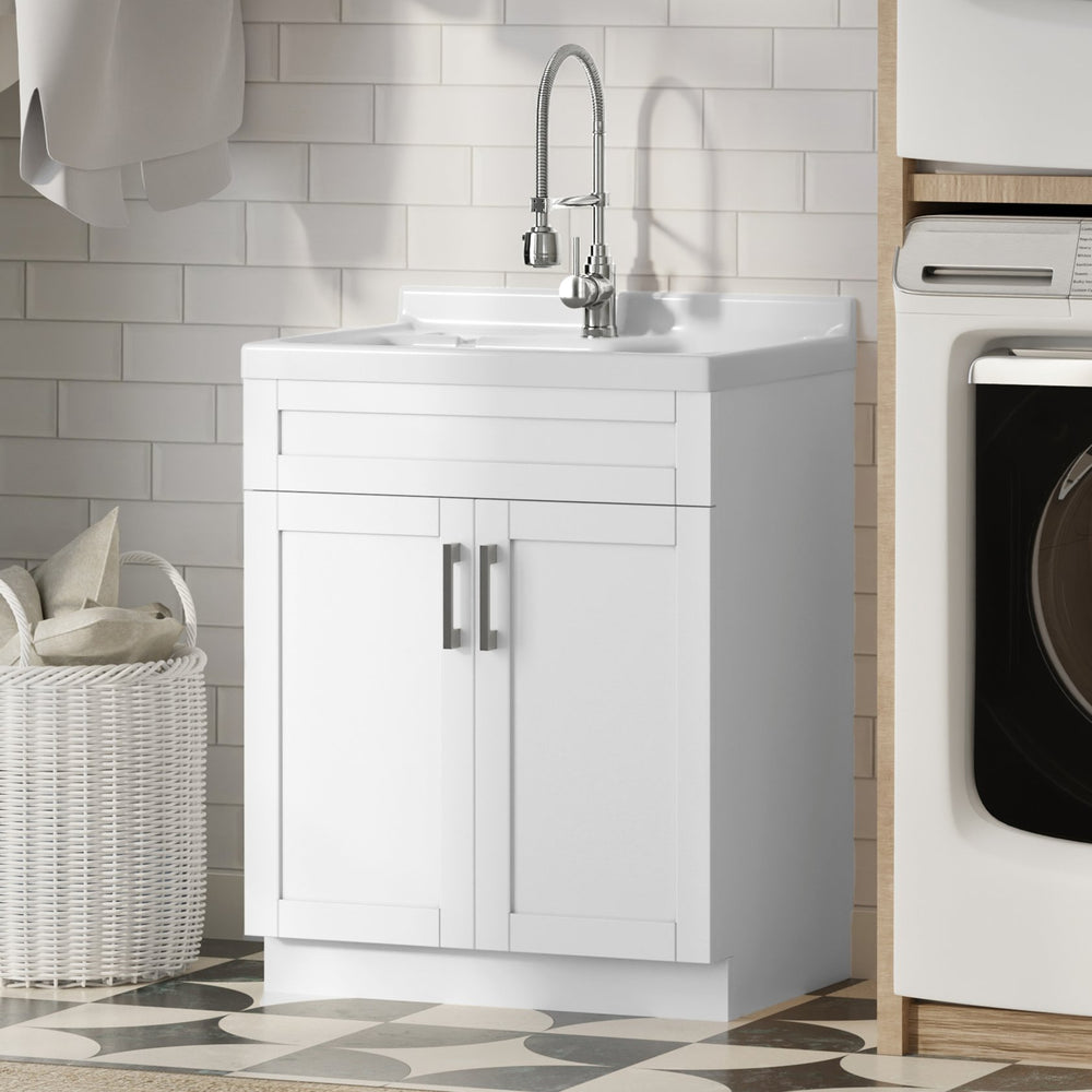 English Elm Murphy Beadboard Laundry Sink Cabinet with Deep Abs Basin and Chrome Faucet Included B136P427214