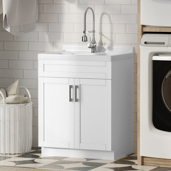 English Elm Murphy Beadboard Laundry Sink Cabinet with Deep Abs Basin and Chrome Faucet Included B136P427214