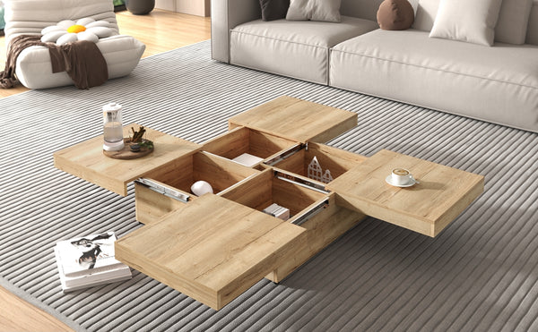 English Elm Square Marble Veneer Coffee Table with Sliding Top Hidden Storage Pedestal Base Natural N735P388120N