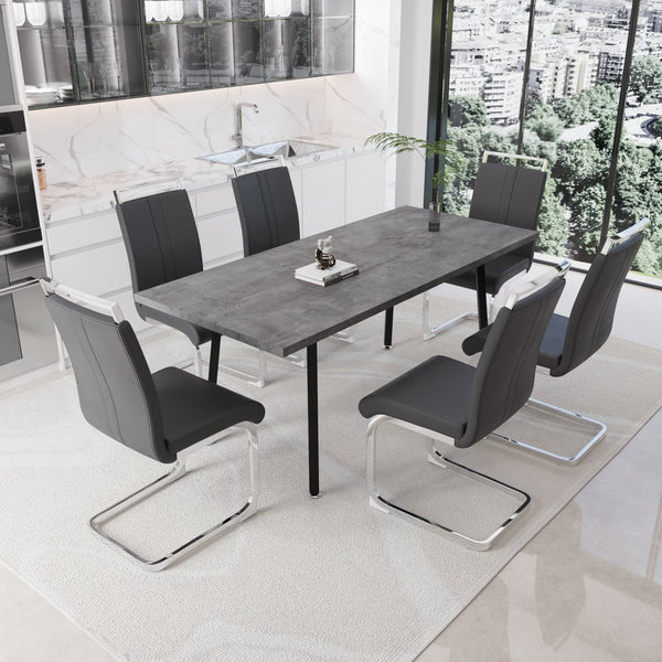 English Elm 55.12-70.87" Expandable Square Dining Set Seats Six with Cushioned Faux Leather Chairs Grey W2189S00905