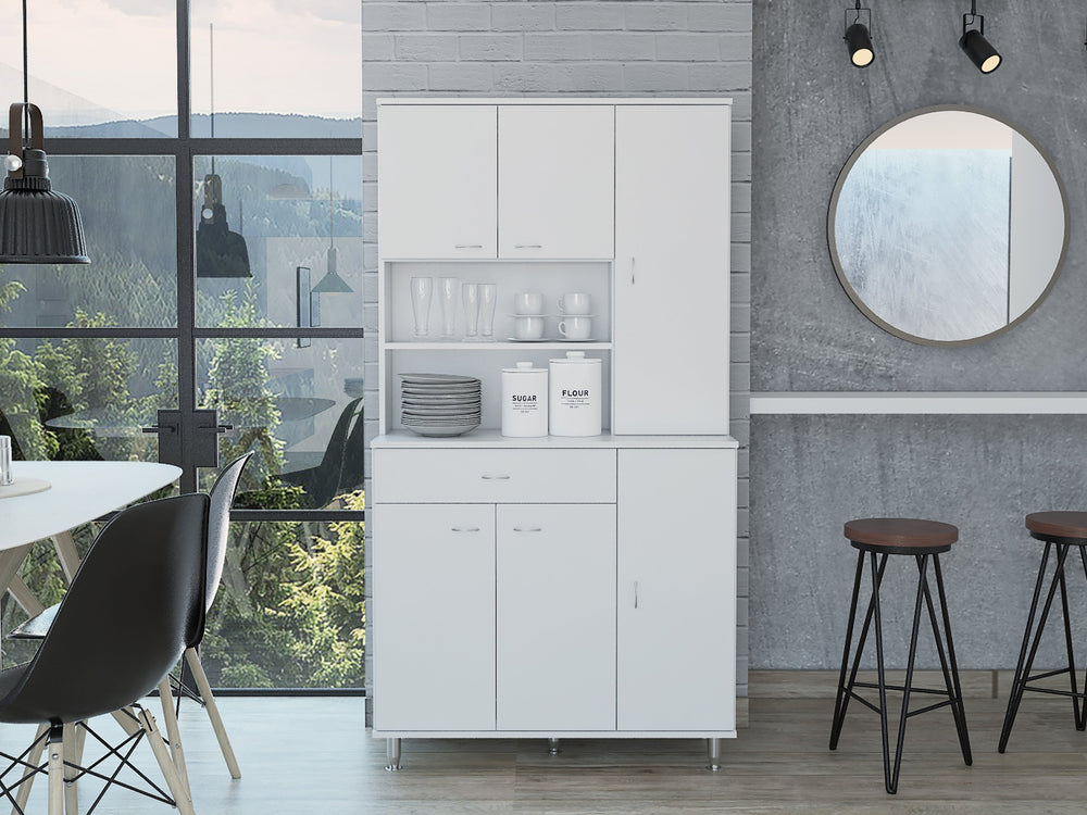English Elm 90 Pantry Cabinet White 90" Kitchen Storage Tower with Two Open Shelves, Large Drawer & Multiple Shelves B097S00088