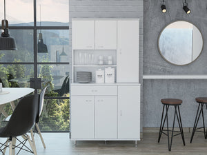 English Elm 90 Pantry Cabinet White 90" Kitchen Storage Tower with Two Open Shelves, Large Drawer & Multiple Shelves B097S00088