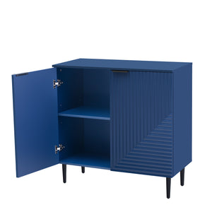 English Elm Mirod Lacquered Side Cabinet Geometric Door Panels Metal Legs Adjustable Interior Shelves Navy Blue N760P221050M