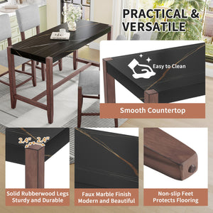 English Elm 5-Piece Counter Height Dining Set with Faux Marble Top and Upholstered Seats, Mid-Century Pub Charm Black+ Gray N752S000086B