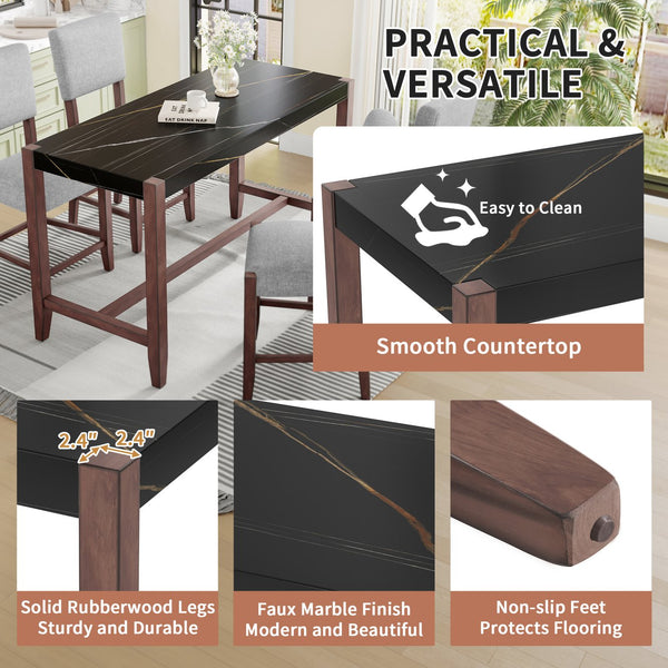 English Elm 5-Piece Counter Height Dining Set with Faux Marble Top and Upholstered Seats, Mid-Century Pub Charm Black+ Gray N752S000086B