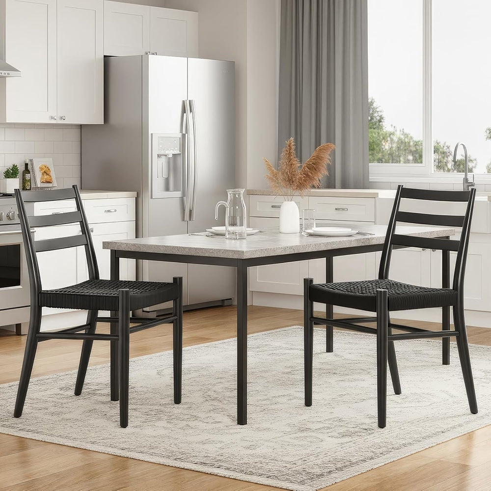 English Elm Dining Chairs with Handwoven Rope Seats and Iron Frame Mid Century Modern Set of 2 Black T3623P438626