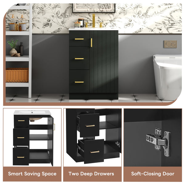 English Elm 24" Modern Bathroom Vanity with Under-Mount Sink, Vertical Stripe Design, 2 Drawers & Soft-Close Cabinet Black N710P288936B