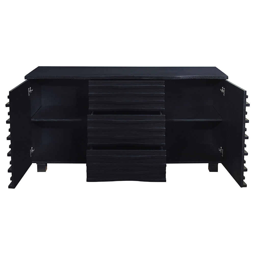 English Elm Monette Black Scalloped 3-Drawer Server with Deep Black Finish, Spacious Sideboard for Dining Room Elegance B062P353477