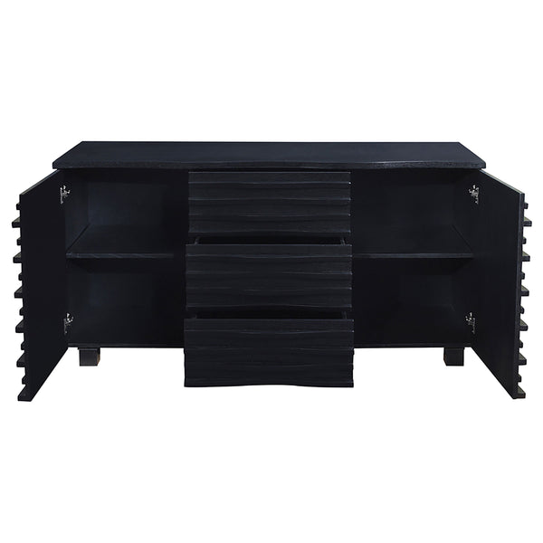 English Elm Monette Black Scalloped 3-Drawer Server with Deep Black Finish, Spacious Sideboard for Dining Room Elegance B062P353477