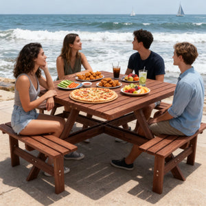 English Elm 8-person Square Wood Picnic Table with Umbrella Hole Reinforced Outdoor Dining Set W1422P392906
