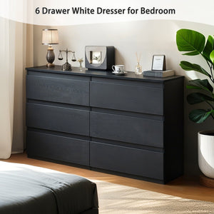 English Elm 6 Drawer Modern Dresser with Concealed Handles, Spacious Top, Durable Wood Storage Cabinet for Bedroom Black W3204P318439