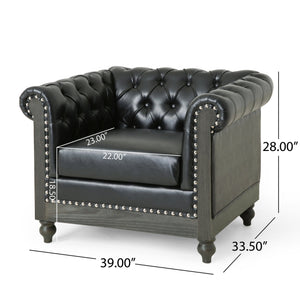 English Elm Christopher Knight Home® - CLUB Club Chair Chesterfield-Inspired Tufted PU Upholstery with Nailhead Trim, Scrolled Arms, Turned Legs Black 39.25 L x 34.25 W x 25 H 72069.00MDNT