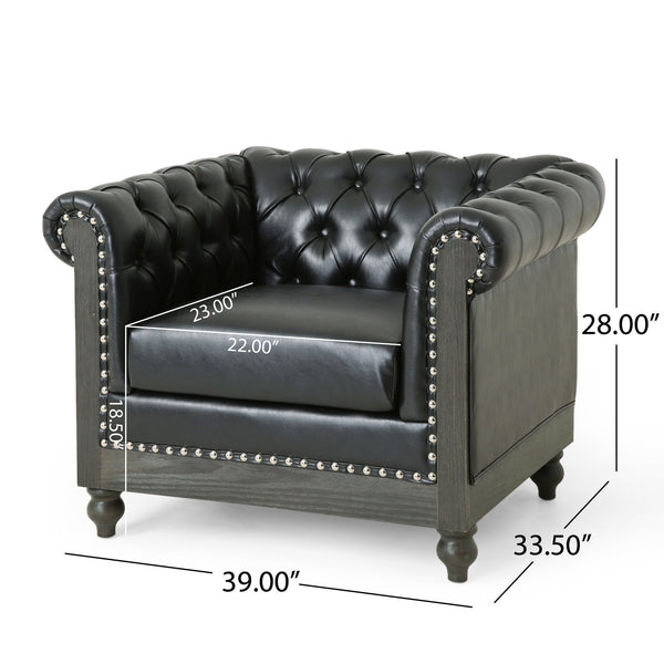 English Elm Christopher Knight Home® - CLUB Club Chair Chesterfield-Inspired Tufted PU Upholstery with Nailhead Trim, Scrolled Arms, Turned Legs Black 39.25 L x 34.25 W x 25 H 72069.00MDNT