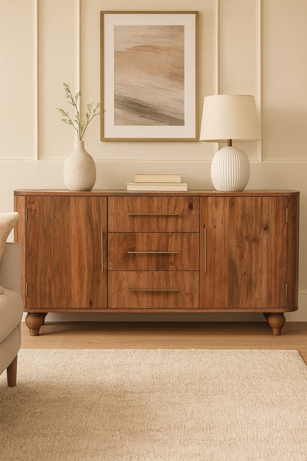 English Elm Solid Wood Montara Sideboard - Elegant Beige Buffet With 2 Doors, 3 Drawers & Timeless Design B182P372164-GIGA