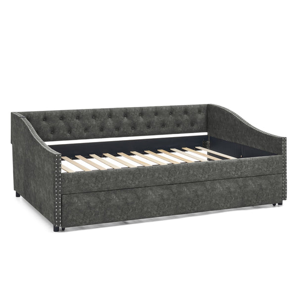 English Elm Full Size Upholstered Daybed with Trundle Usb Ports Tufted Back Wave Arms W1413S00159