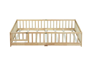 English Elm Queen Rubberwood Floor Bed with Perimeter Fence and Latch Door for Toddler Safety W504P370525
