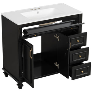 English Elm 36" Modern Bathroom Vanity with Ceramic Sink, Gold Handles, Flip-Out Drawer & Soft-Close Doors Black N725P283623B