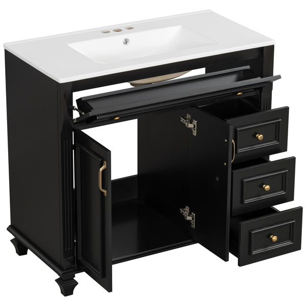 English Elm 36" Modern Bathroom Vanity with Ceramic Sink, Gold Handles, Flip-Out Drawer & Soft-Close Doors Black N725P283623B